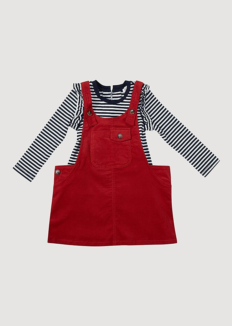 red overall dress outfit