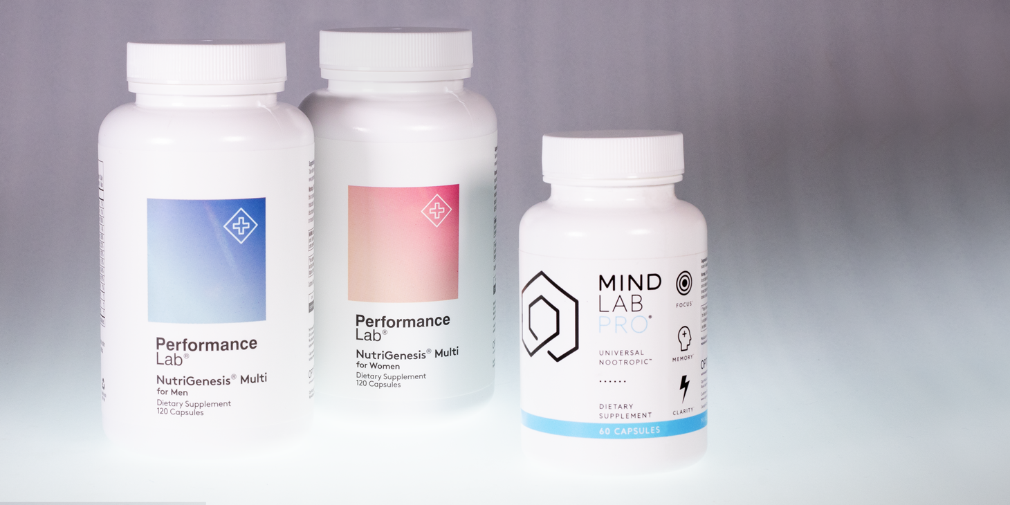 2 bottles of Performance Lab Whole-Food Multivitamin next to a bottle of Mind Lab Pro