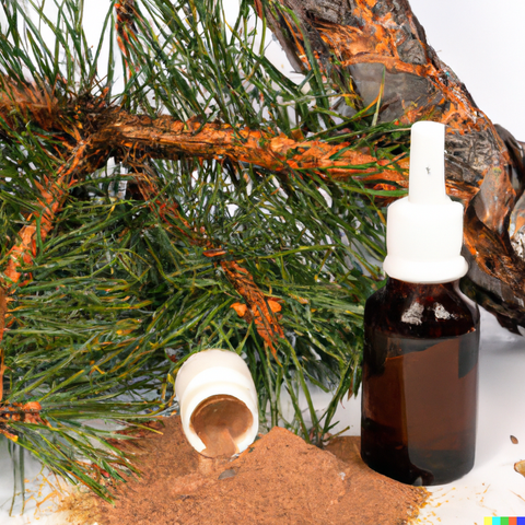 an image of pine bark next to a pine branch and pile of pine bark powder and a dropper bottle of alcohol extract