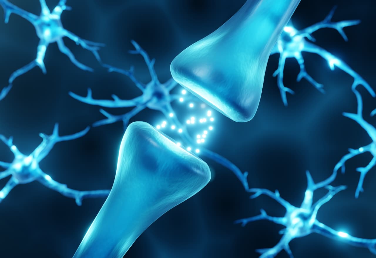 Nerve synapse firing, illustrating amino acid nootropics supporting brain chemicals.