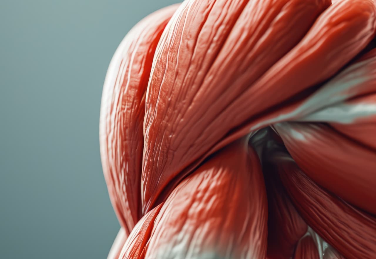 May support muscle function and athletic performance. Detailed computer-generated image of muscle tissue.