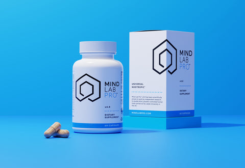 A white bottle of Mind Lab Pro against a blue background with 2 capsules stacked next to it and the box in the background.