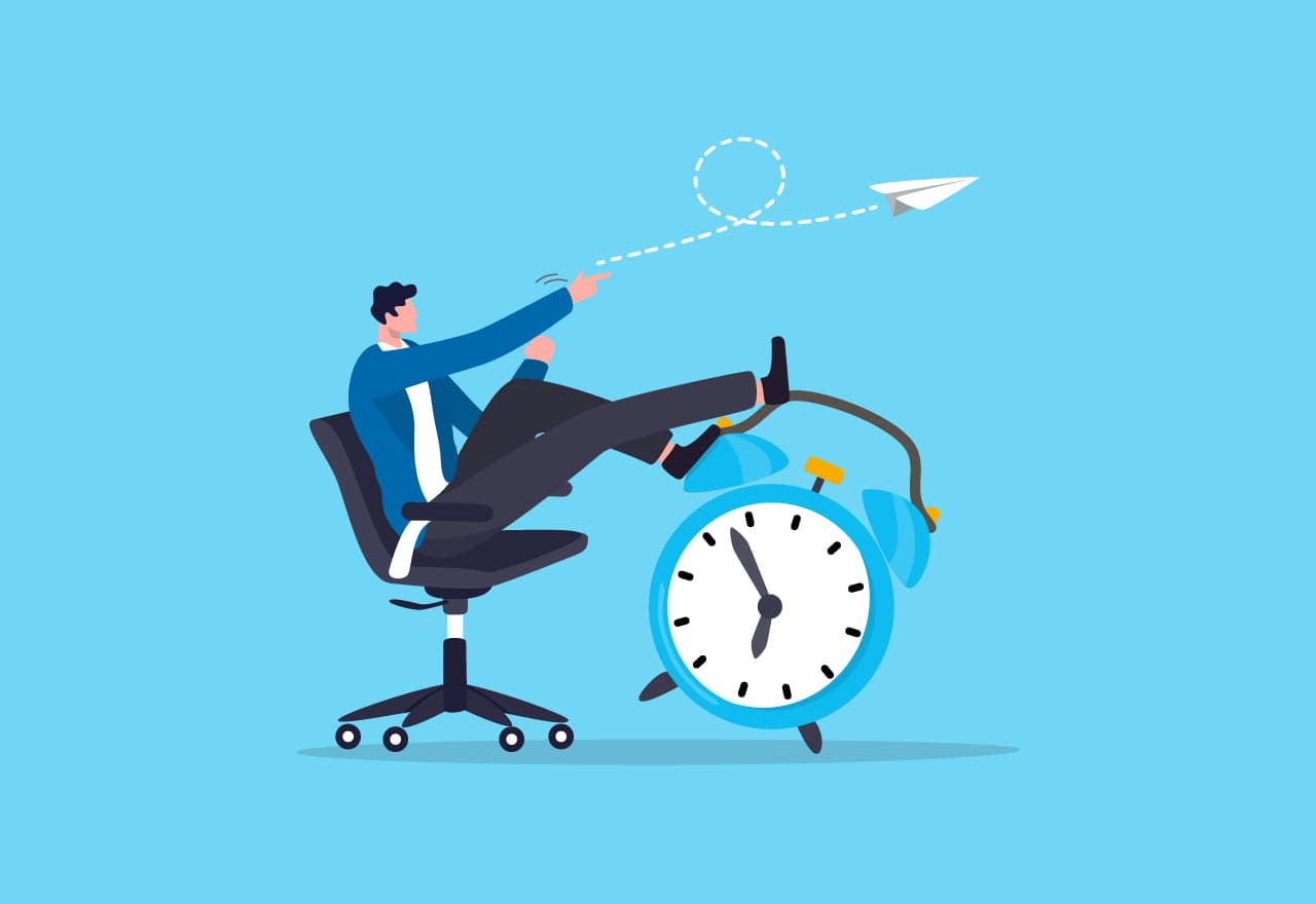 What is Procrastination? Illustration of a procrastinating man with his feet up on a clock, throwing a paper airplane instead of working.