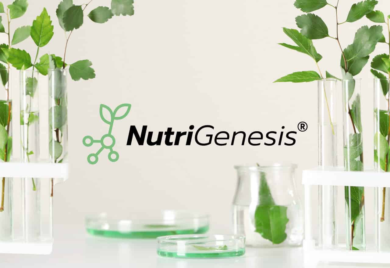 Best Vitamin B12 to take: NutriGenesis®. Its logo, shown, resembles a molecule structure growing leaves out of the top. It is surrounded by green leaves in vials and green liquid in petri dishes.