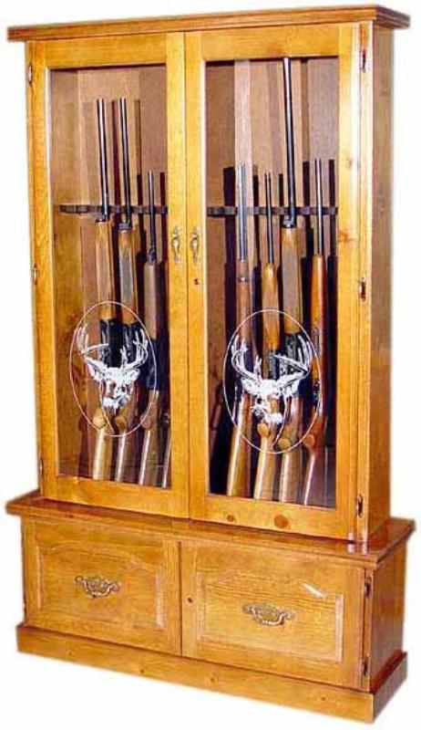 12 Gun Wood Gun Cabinet Pine Locking Storage Area Premier Gun Cabinet