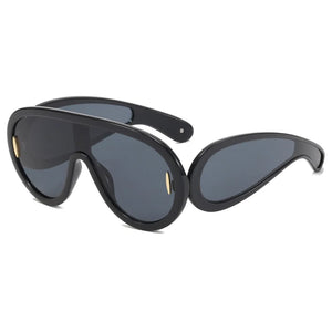 Flat Top Oversize Round Bottom Shield Shades Sunglasses | Black - BoujeeVibes