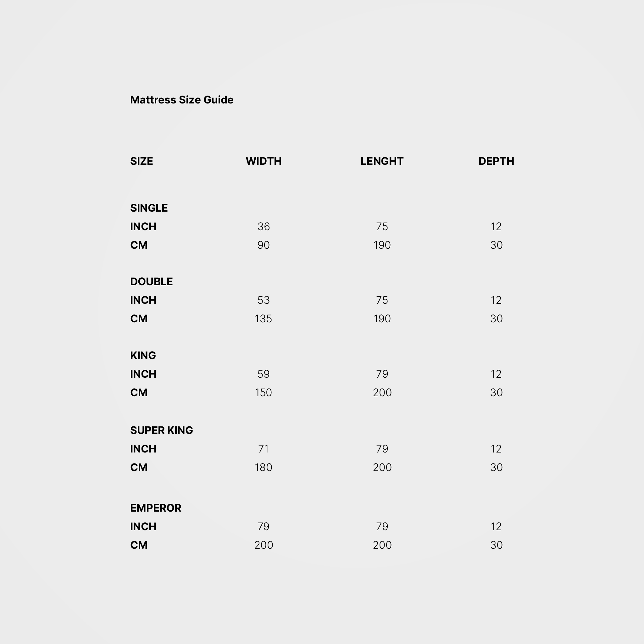 Mattress size chart