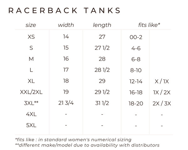 Size Guide — Women's Racerback Tank Tops