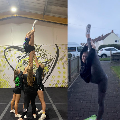 Cheerleaders stretching and performing