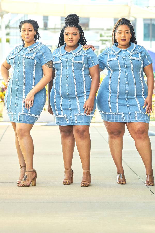 denim dress with pearls