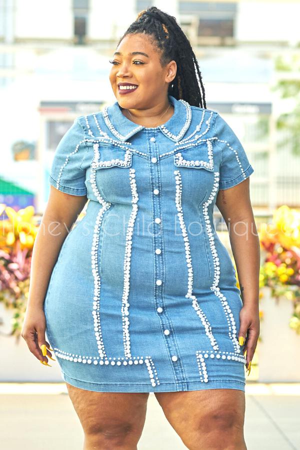 denim dress with pearls