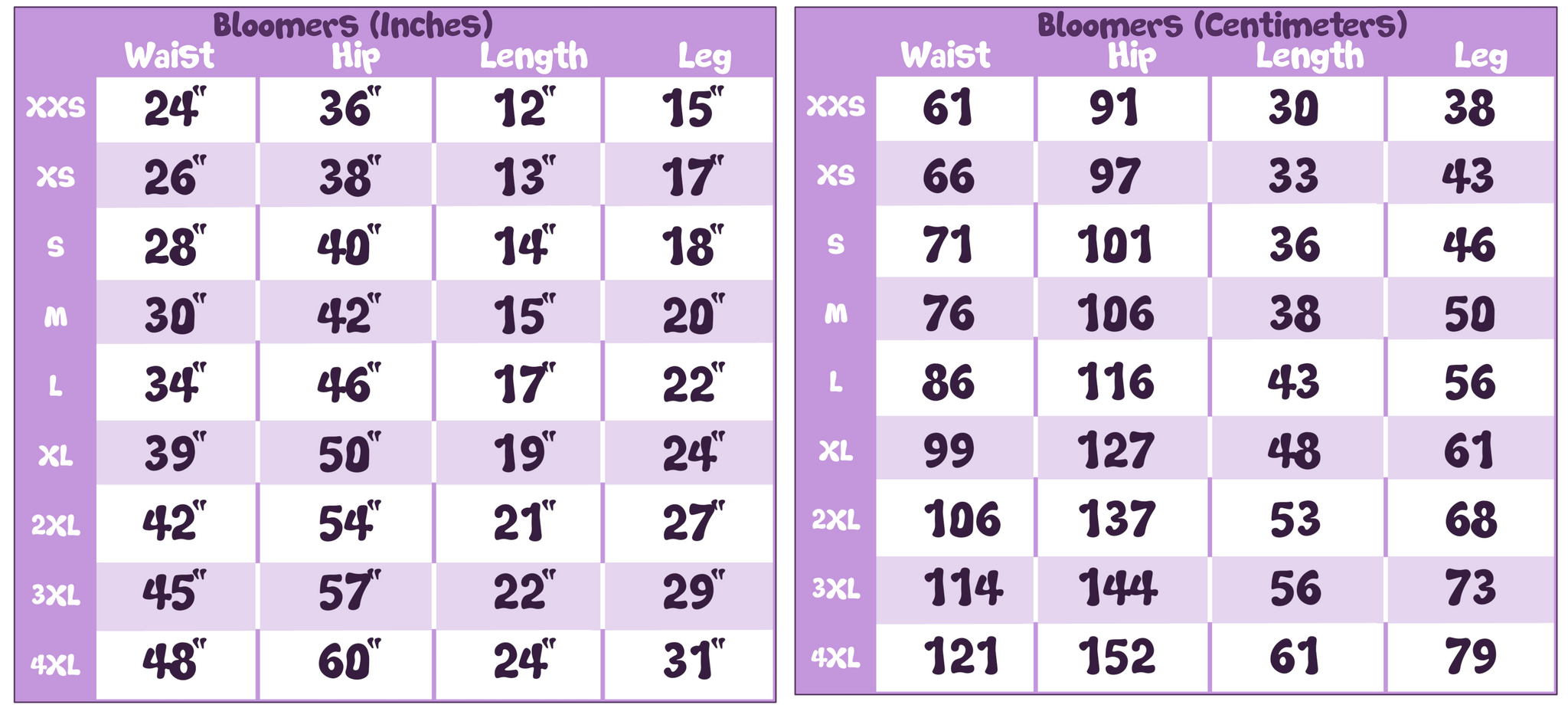 Bloomer Size Chart