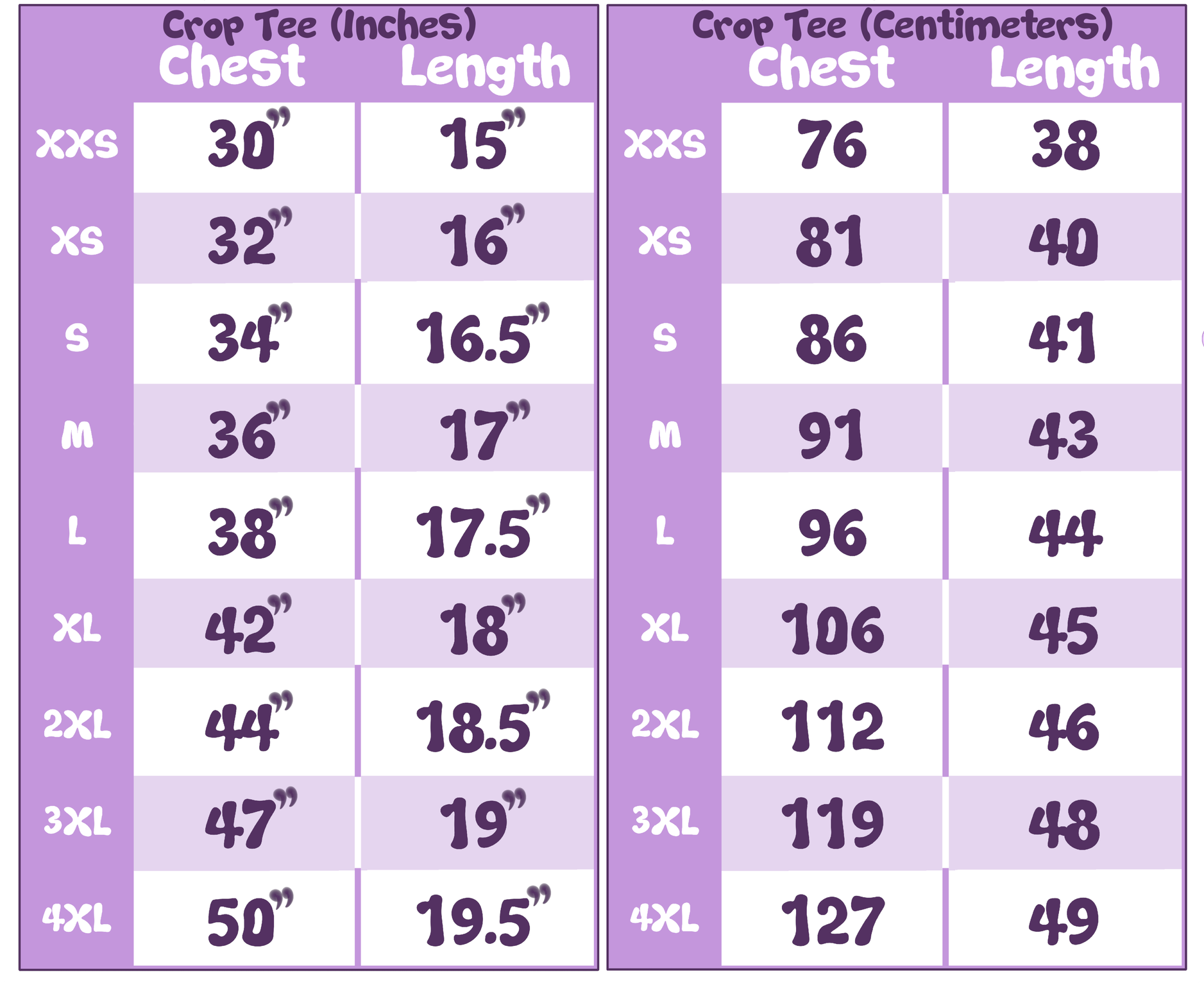 Crop Tee Size Chart