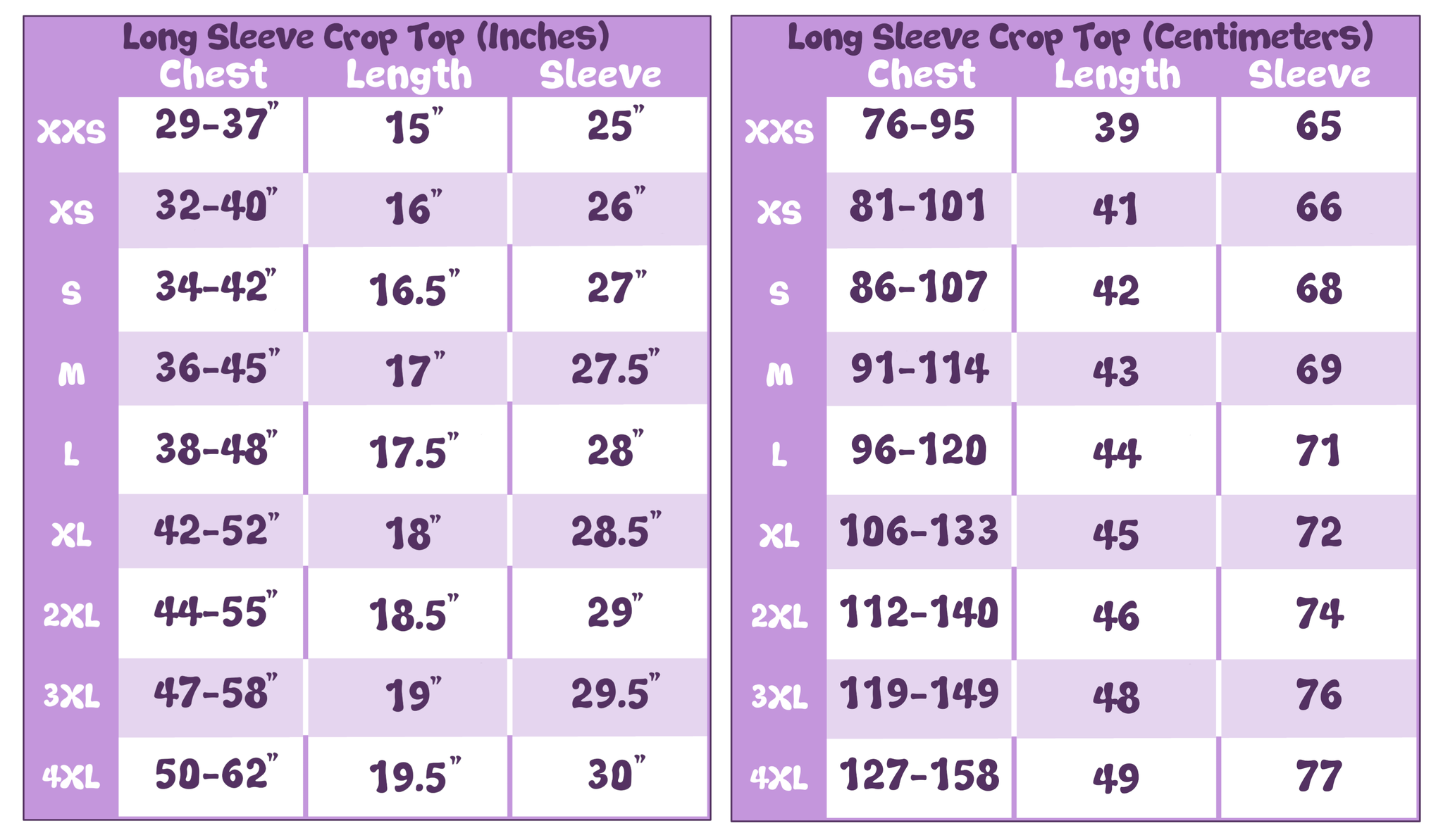 Long Sleeve Crop Top w/Thumb Holes Size Chart