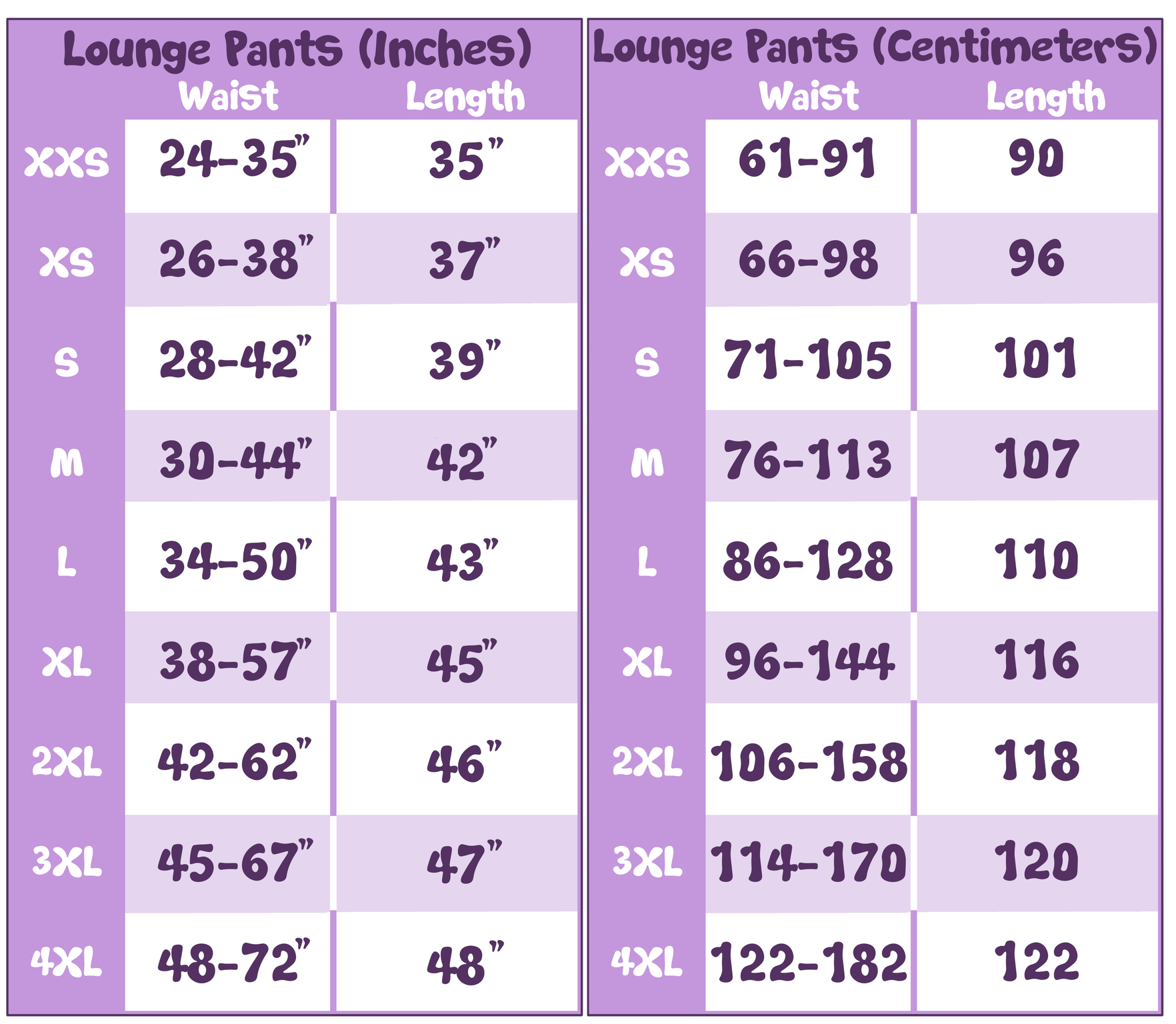 Lounge Pants Size Chart