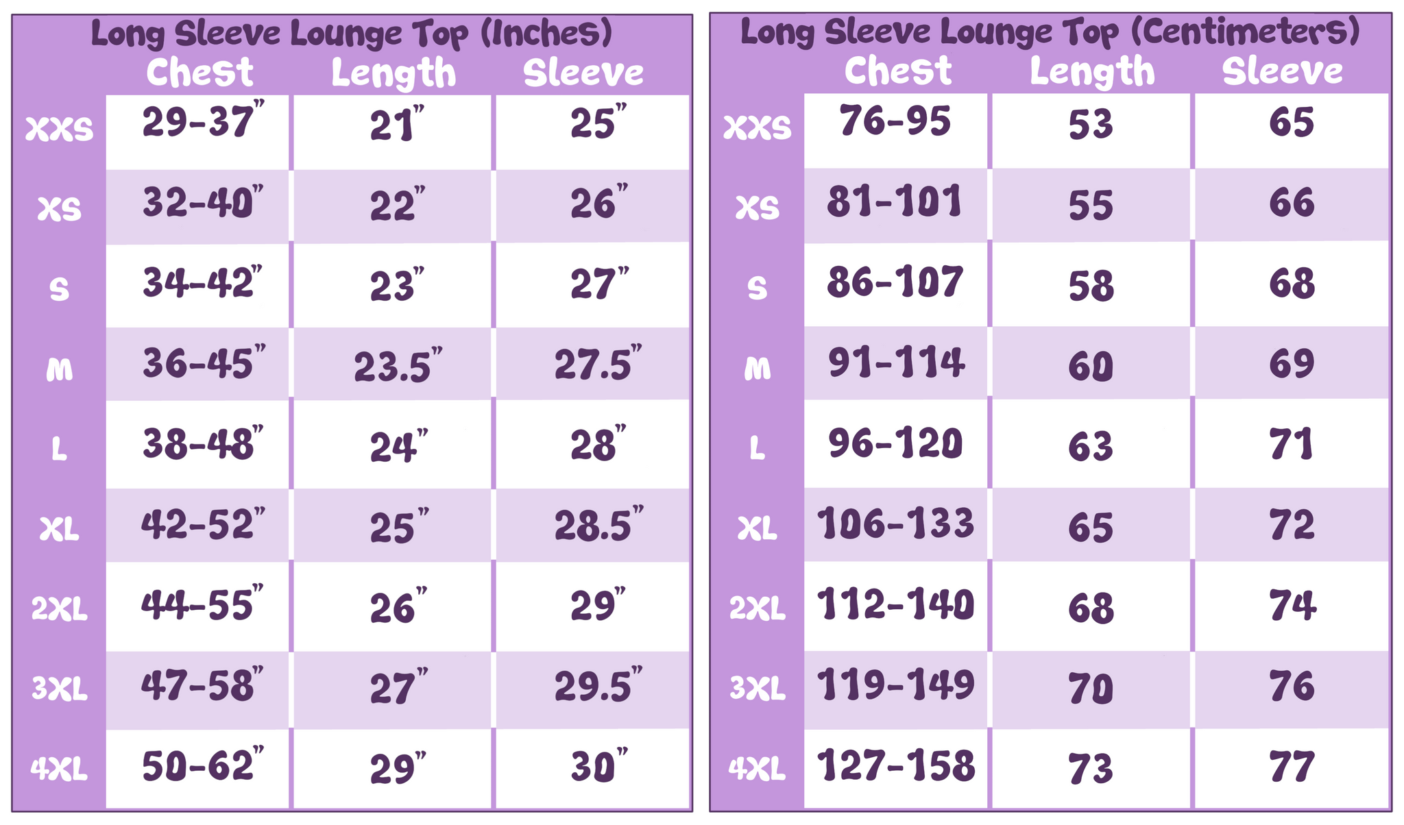 Lounge Top w/Thumb Holes Size Chart