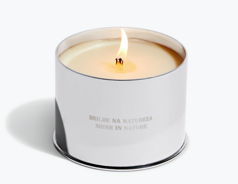 Costa Brazil's aluminum Jungle Candle with botanical scent notes. 