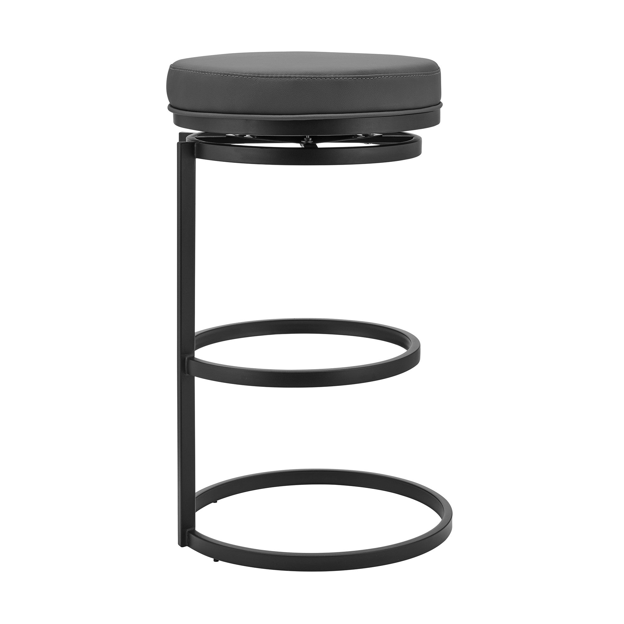 Gray and Black 26" Faux Leather and Iron Swivel Backless Counter Height Bar Chair