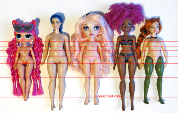 Curvy doll comparison: OMG LOL, curvy barbie, rainbow high, wild hearts, Marvel rising squirrel girl
