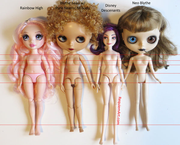 Petite dolls comparison: Rainbow high, Pure Neemo, Disney Descenants, Neo Blythe