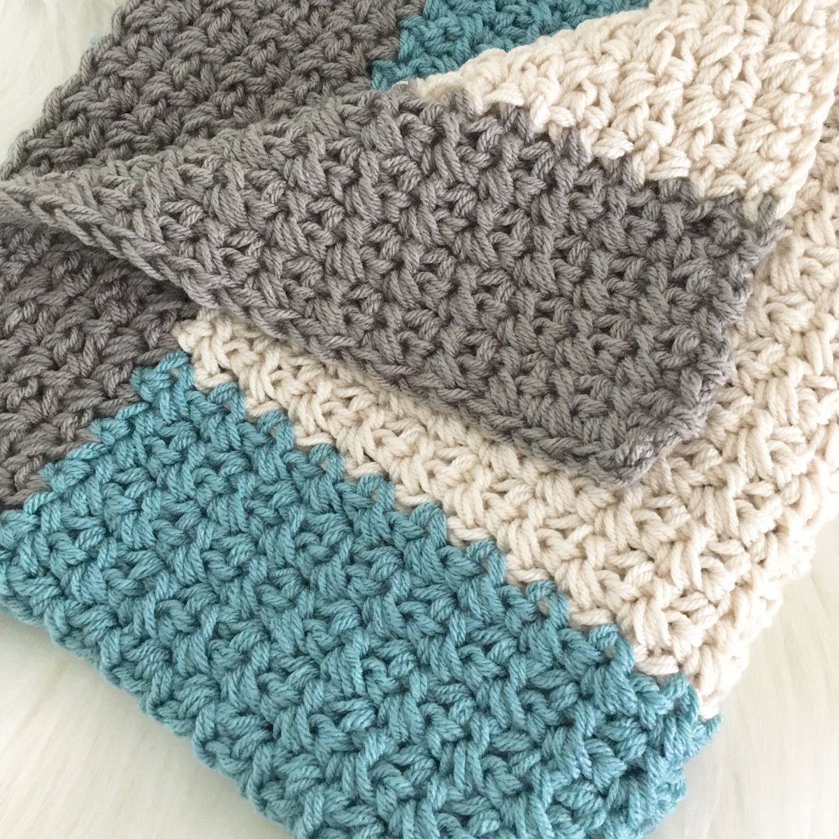 Modern Crochet Baby Blanket for Boys | Ocean Blue, Grey and Cream | Ba