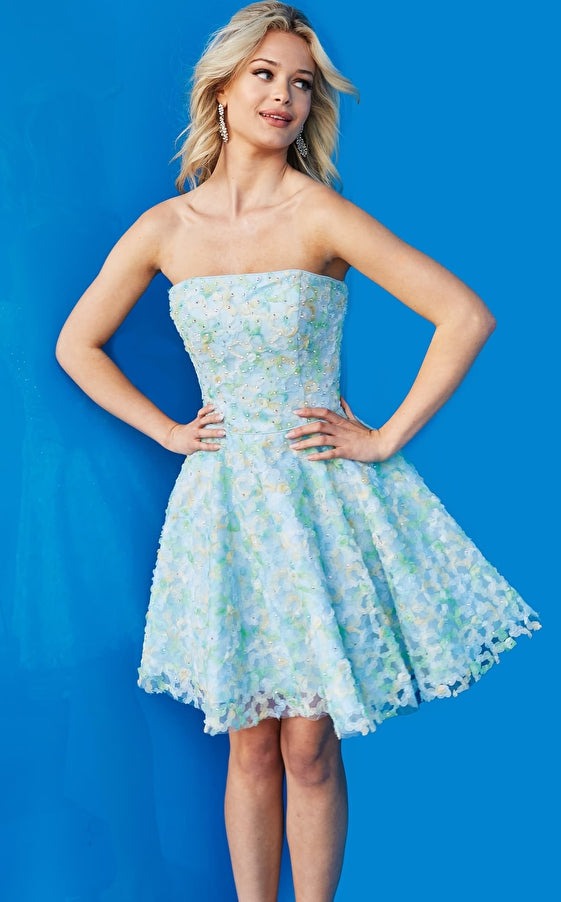 Strapless Blue Floral Mini Homecoming Dress,Summer Dress Y2646