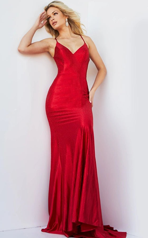 Jovani 08464 Red Embellished V Neck Prom Dress | NorasBridalBoutiqueNY