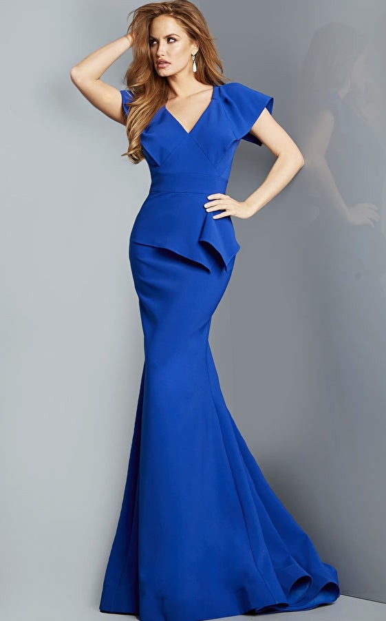 Jovani 09755 Royal Boat Neck Cape Evening Gown | NorasBridalBoutiqueNY