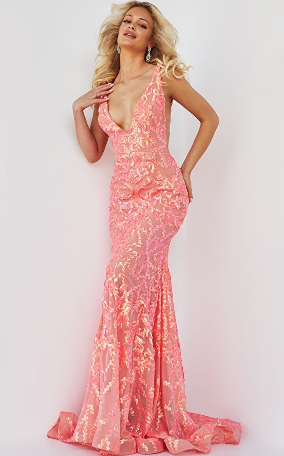 V, neck Fitted Prom Dress Blush 20537
