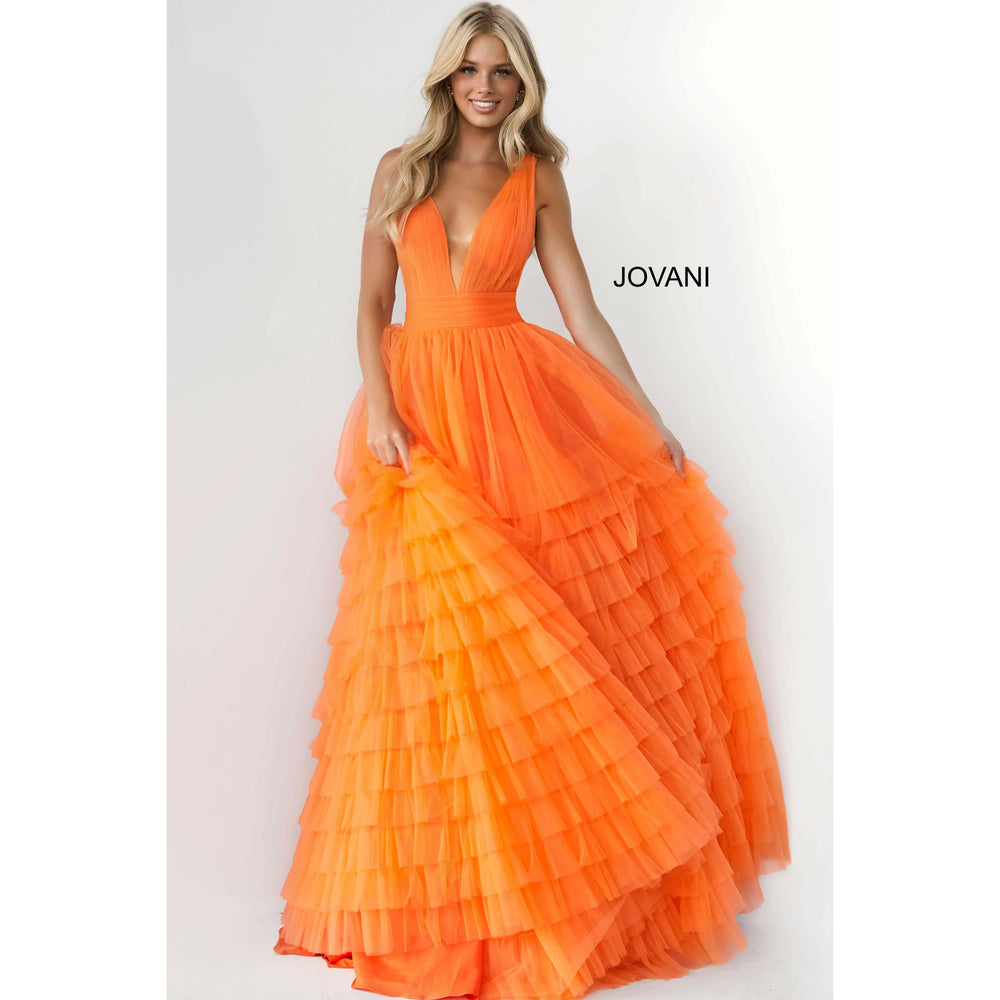 Jovani Orange Tulle Layered Skirt Prom Ballgown 07264