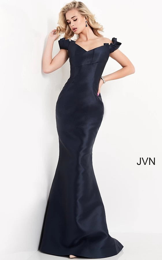 JVN07398 Navy Plunging Neckline Mermaid Prom Dress