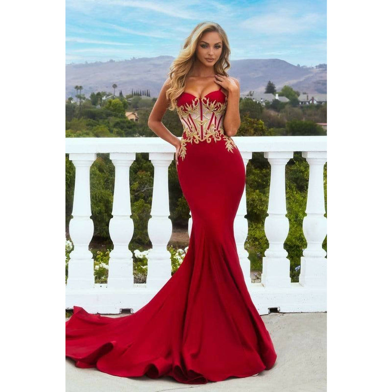 Portia and Scarlett PS22641 Lycra V-Neck Straps Sleeve Gown