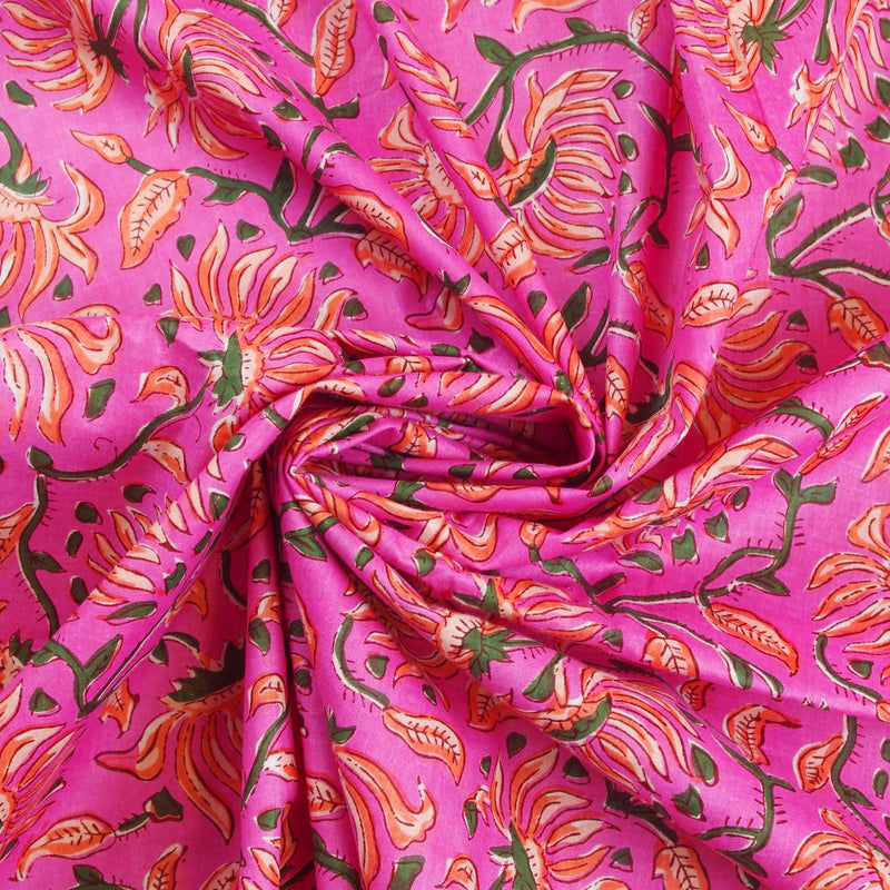 Lotus on Pink Hand Screen Printed Cotton Fabric Design 338