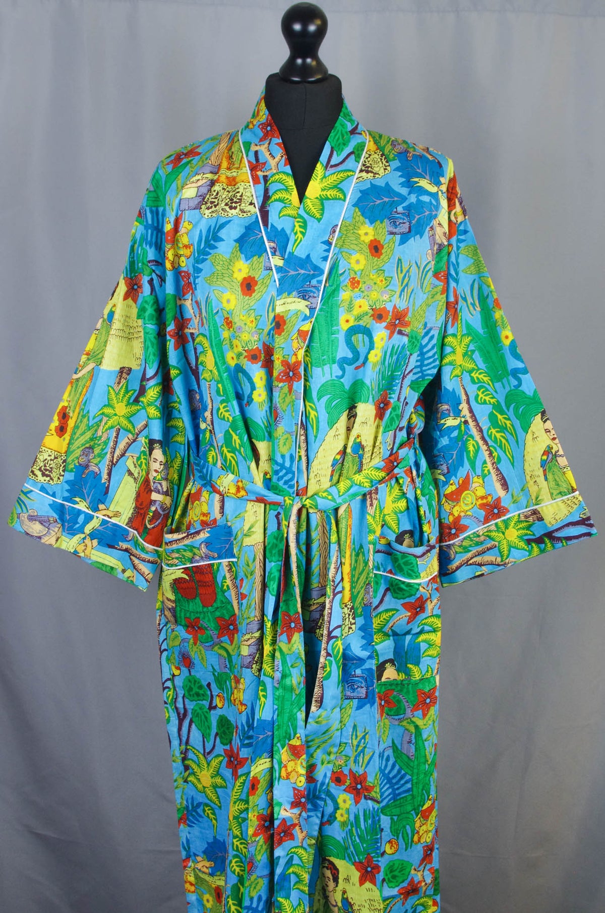 Blue Frida Kahlo Cotton Kimono Dressing Gown