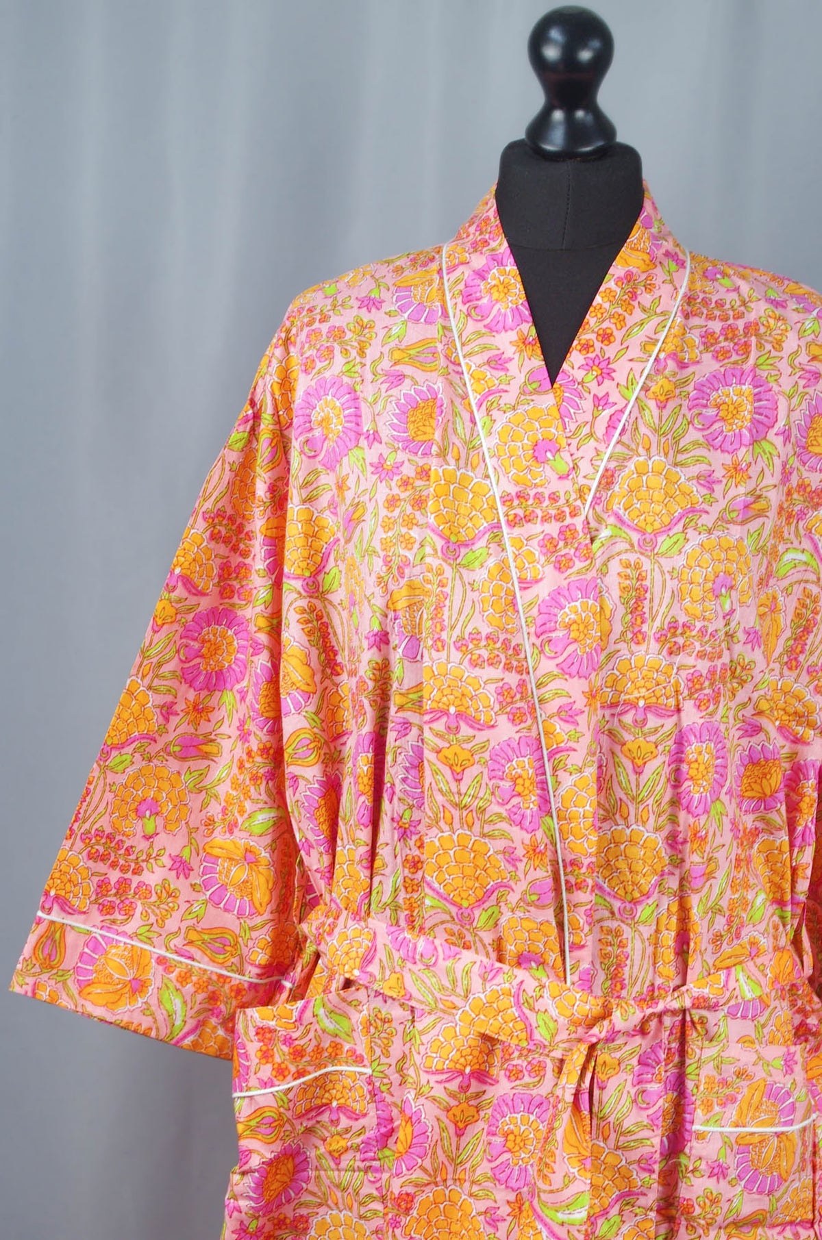 Pink & Orange Marigold Print Long Cotton Kimono Dressing Gown