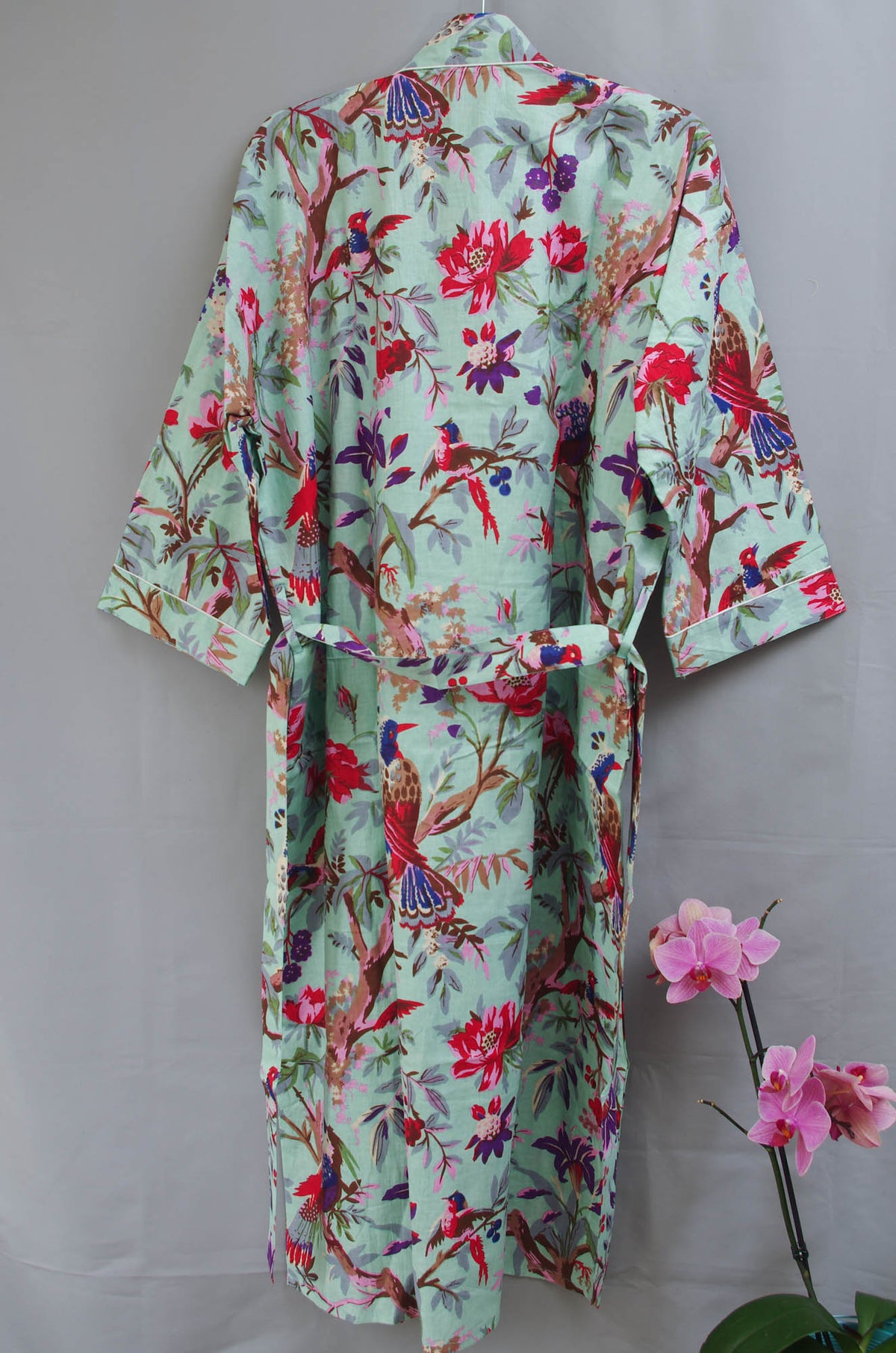 Pista Green Tropical Birds Print Handmade Cotton Kimono Gown – Kantha Decor