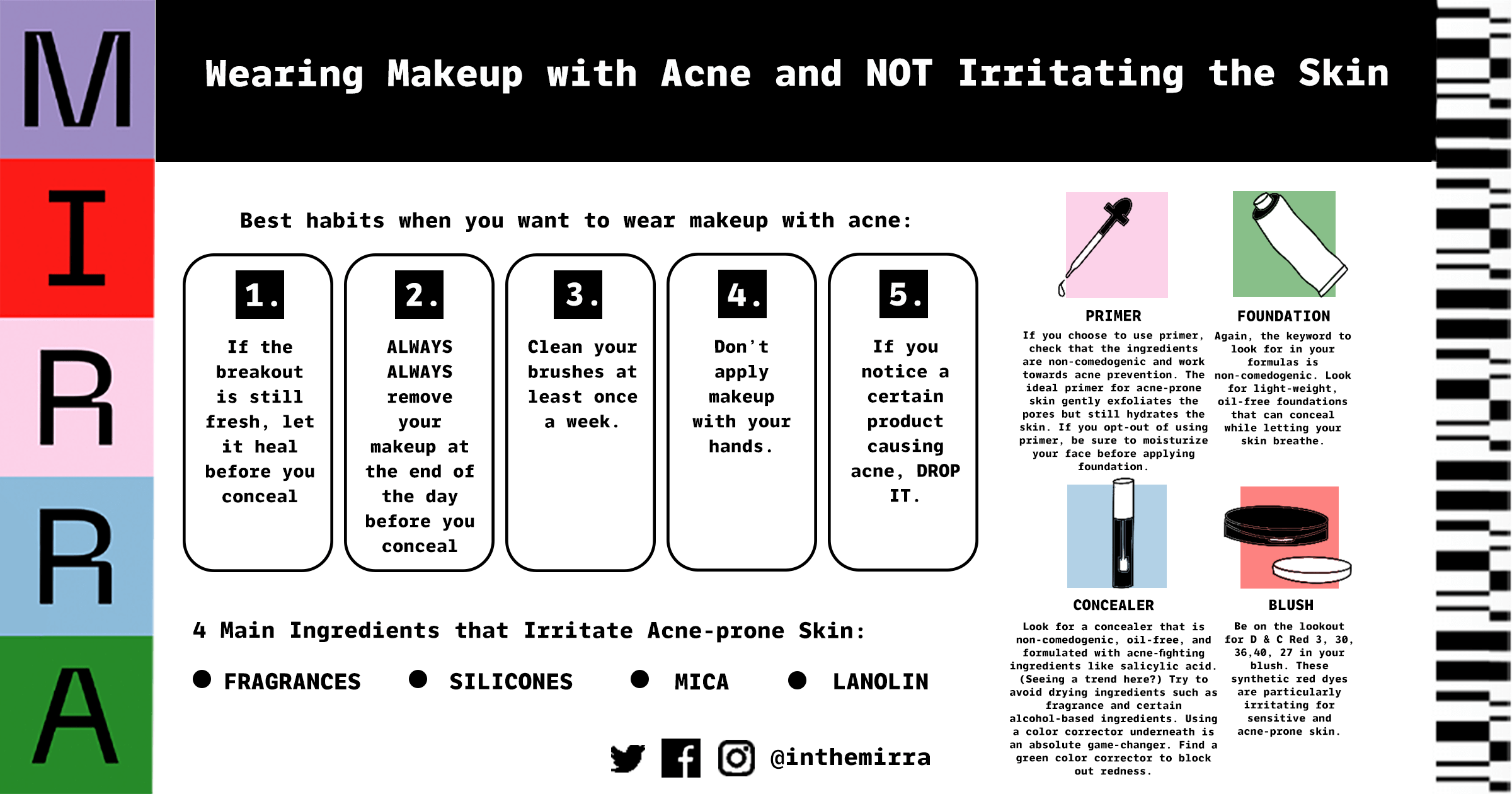 wearing makeup with acne and not irritating the skin infographic Mirra