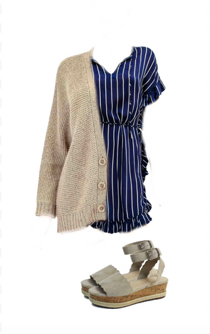 pinstripe navy dress with sweater and beige sandals on sale