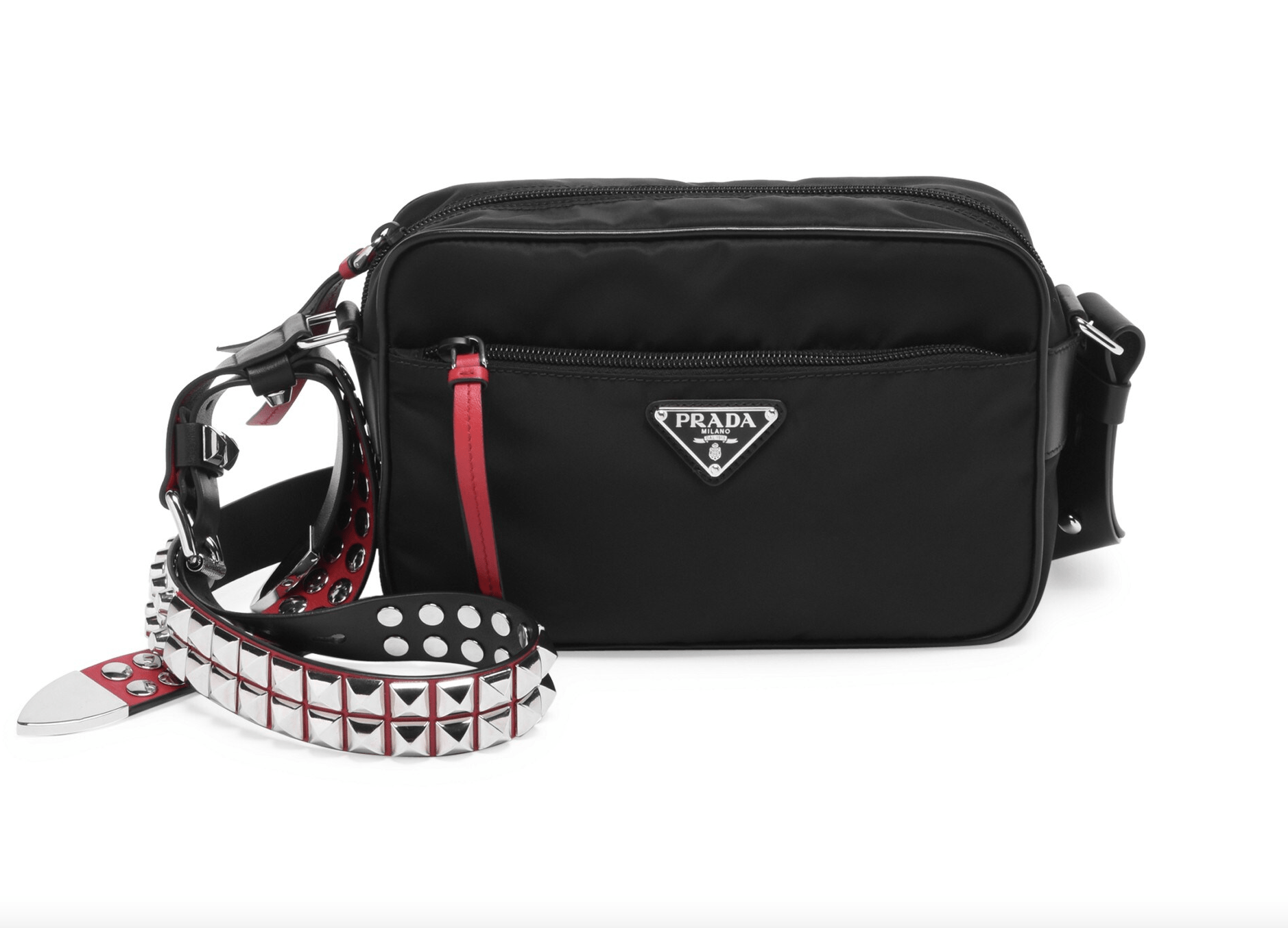 Prada New Vela Studded Nylon Bag in Black and Red - The Revury