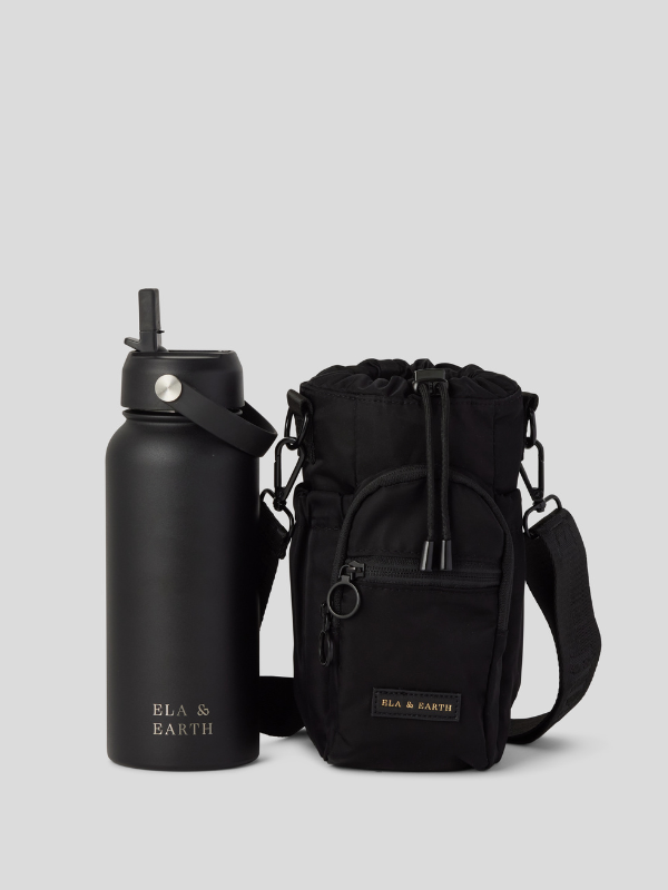 Black - Water Bottle Bag & 1 Litre Water Bottle Set