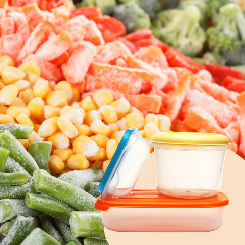 frozen food items and plastic container
