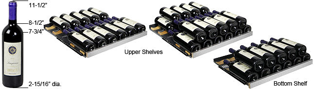 Built-In Wine Cellar with 30 Bottle Capacity Black Cabinet with Stainless Steel Frame with Glass Door Towel Bar and Curved Handles included so you can choose your style All black interior emulates the traditional wine cellar Blue LED lighting beautifully illuminates the interior without the heat created by an incandescent bulb Roller-glide shelves extend effortlessly, minimizing agitation to the wine Internal fans circulate air for even cooling and faster cooldown Operating Temperature: 41-64°F Maximum Ambient Temperature: 90°F Minimum Ambient Temperature: The lowest temperature you want to store your wine at. The unit does not have a heater, so if the ambient temperature is lower than the set temperature, the internal temperature will match the external temperature. Dimensions: 33 1/2"H w/hinge x 15"W x 23 1/4"D (25" w/handle) Weight: 92.6 lbs. Please Note: The handles are not attached to the unit during shipping, and will need to be installed when the unit arrives. Wine Racks  This wine cellar has 6 shelves that can hold up to 5 bottles each for a maximum bottle capacity of 30 bottles. The maximum capacity is based on the standard Bordeaux size bottle.    Standard 750 mL bottle configuration  This is the standard 750 mL bottle, which most wine refrigerators are configured around as it is the most popular size on the market. It measures 11-1/2" tall with a 2-15/16" diameter and the shoulder tapers up from 7-3/4" to 8-1/2". This wine refrigerator can easily store 5 of these bottles on each shelf for a total of 30 bottles.  Wide bottle configuration  This bottle is wider and shorter than the standard 750 mL bottle. It measures 10-5/8" tall with a 3-1/4" diameter and the shoulder tapers up from 5-1/2" to 8". Bottles this wide don't usually fit in undercounter wine refrigerators and if they do, they have issues with rubbing on the shelf above and scuffing your labels. This wine refrigerator has no issues with this type of bottle so your maximum capacity will not be affected if you have them in your collection.  Tall bottle configuration  This bottle is taller than the standard 750 mL bottle. It measures 12-1/16" tall with a 2-15/16" diameter and the shoulder tapers up from 8" to 9". The taller shoulder makes the bottles touch and pushes the outer bottles over the edge of the shelf. This is not a problem on the top shelf or the bottom shelf, but it does create an issue on the remaining four shelves. On those shelves, you can alternate 3 of these bottles in front with 2 standard 750 mL bottles in the back, allowing you to store up to 22 of these wine bottles without having to reconfigure the shelves or affecting the overall bottle capacity.  Wide Shoulder bottle configuration  This bottle has the same diameter at the base, but the shoulder is wider. It measures 11-7/8" tall with a 2-15/16" diameter at the base and the shoulder tapers up from 7-1/2" to 8-1/4" with a 3-1/16" diameter. The wider shoulder pushes the outer bottles over the edge of the shelf. This is not a problem on the top shelf or the bottom shelf, but it does create an issue on the remaining four shelves. On those shelves, you can alternate 2 of these bottles in front with 3 standard 750 mL bottles in the back, allowing you to store up to 18 of these wine bottles without having to reconfigure the shelves or affecting the overall bottle capacity. Other 15" undercounter wine refrigerators would not fit these bottles without removing shelves.  Pinot bottle configuration  Until now, you wouldn't dream of fitting a Pinot bottle in an undercounter built-in wine refrigerator without drastically reducing the overall capacity. It measures 11-5/8" tall with a whopping 3-1/2" diameter and the shoulder tapers up from 5-1/2" to 8-1/4". On this model, you can fit 5 pinot bottles without reducing the overall capacity or reconfiguring shelves. Three bottles fit on the bottom shelf and two more fit in the outer front grooves of the top shelf (the light does not allow a bottle with this diameter to fit in the center front groove of the top shelf, but another bottle of any type can fit there).  Champagne bottles Champagne bottles are too big to fit on the upper shelves, but you can still store 2 on the bottom shelf without having to remove a shelf. They measures 12-1/4" tall with a 3-3/4" diameter and the shoulder tapers up from 5-1/2" to 7-3/4". Most wine refrigerators this size would not be able to store any Champagne bottles without removing a shelf.  Mixed bottle configuration  Perhaps there are people out there that only drink one type of wine, all the time. Most wine connoisseurs with a diverse palate are going to have varying bottle sizes in their collection, so having the ability to store all those varying bottle sizes without having to reconfigure and reduce your storage makes this the wine refrigerator of choice.  UPC: 700697201314
