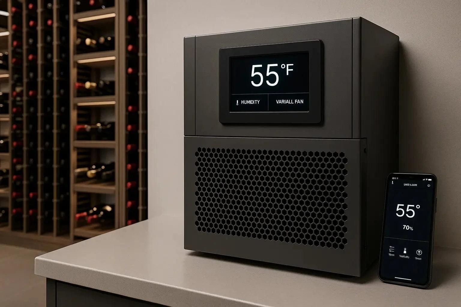 Smart wine cellar cooling unit with touchscreen controls and smartphone app showing 55°F and 70% humidity, modern cellar setting, 16:9 ratio.
