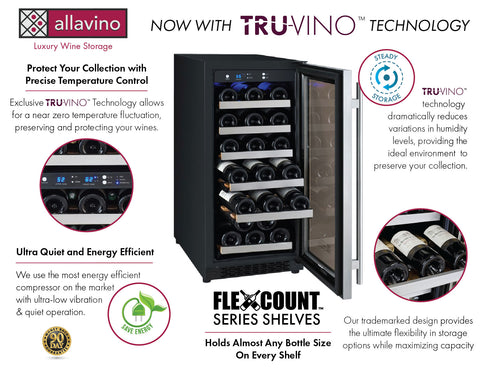 Allavino FlexCount II Tru-Vino 30 Bottle Single Zone Stainless Steel Right Hinge Wine Fridge VSWR30-1SR20 - Allavino | Luxury Appliances Direct
 - Trusted Dealer