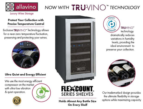 Allavino FlexCount II Tru-Vino 30 Bottle Dual Zone Stainless Steel Left Hinge Wine Fridge VSWR30-2SL20 - Allavino | Wine Coolers Empire - Trusted Dealer