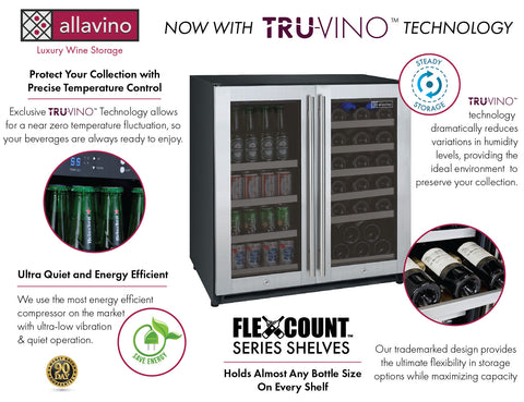 Allavino FlexCount II Tru-Vino 30 Bottle/88 Can Dual Zone Stainless Steel Beverage/Wine Fridge VSWB30-2SF20 - Allavino  | Wine Coolers Empire - Trusted Dealer