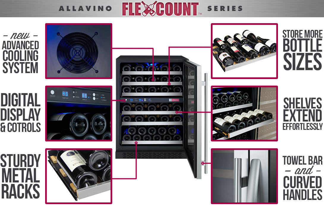 Allavino FlexCount 56 Bottle Dual Zone Stainless Steel Left Hinge Wine Fridge VSWR56-2SSLN