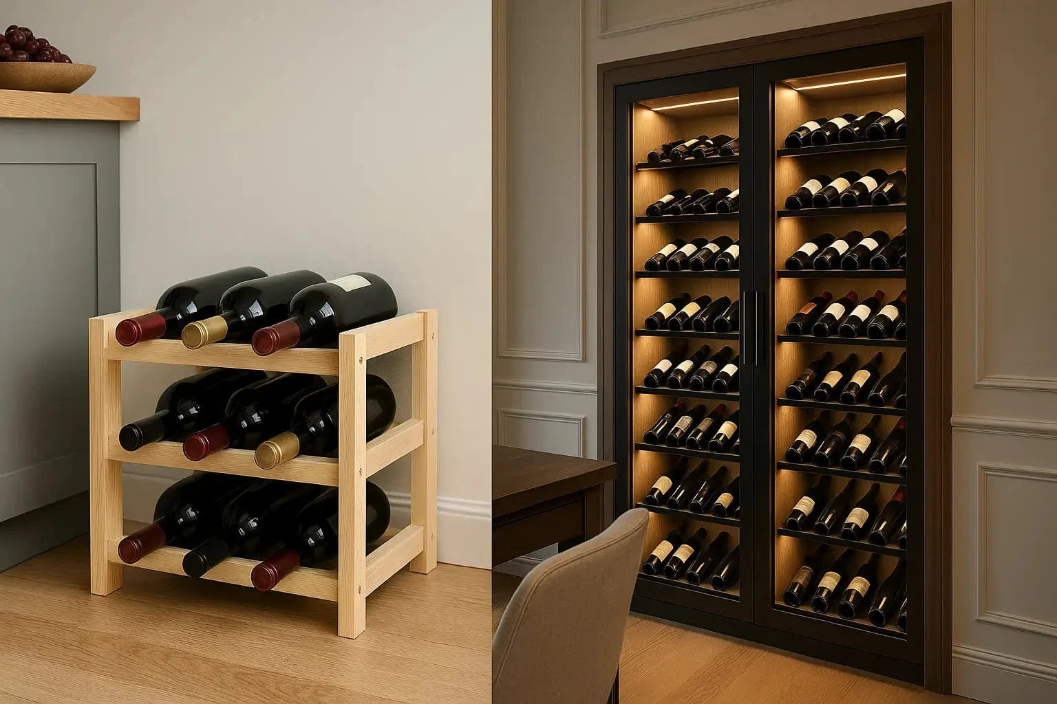 DIY wine rack beside a custom built-in wine wall for visual comparison