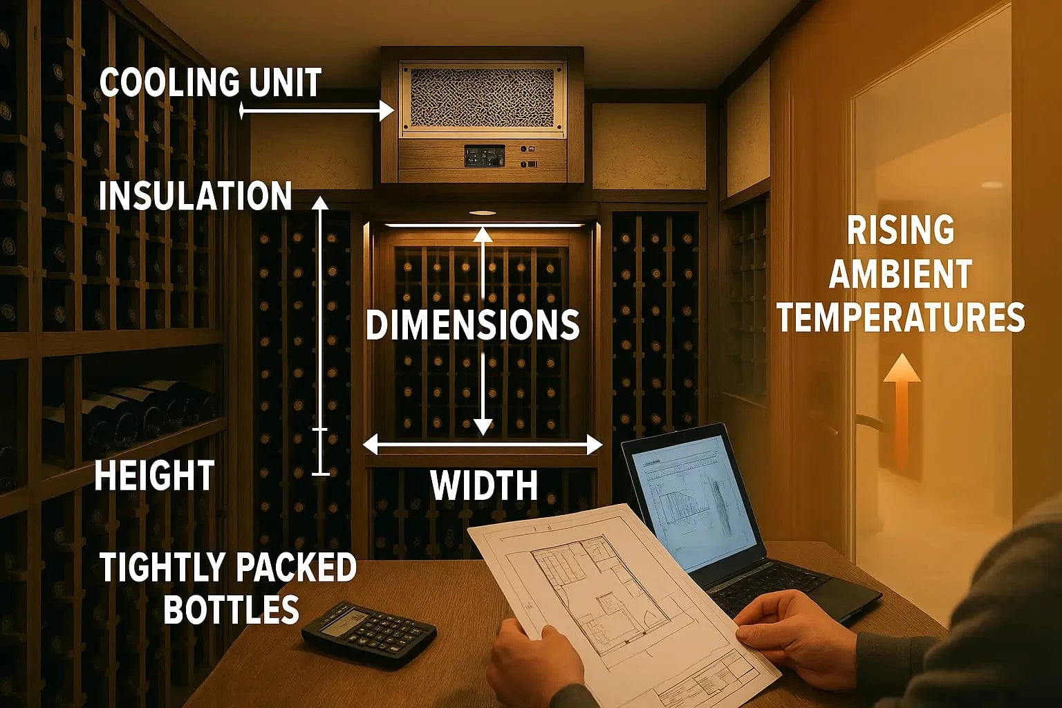 Photorealistic wine cellar with labeled factors influencing cooling unit sizing, including insulation, bottle density, cellar dimensions, ambient temperature, and door type.