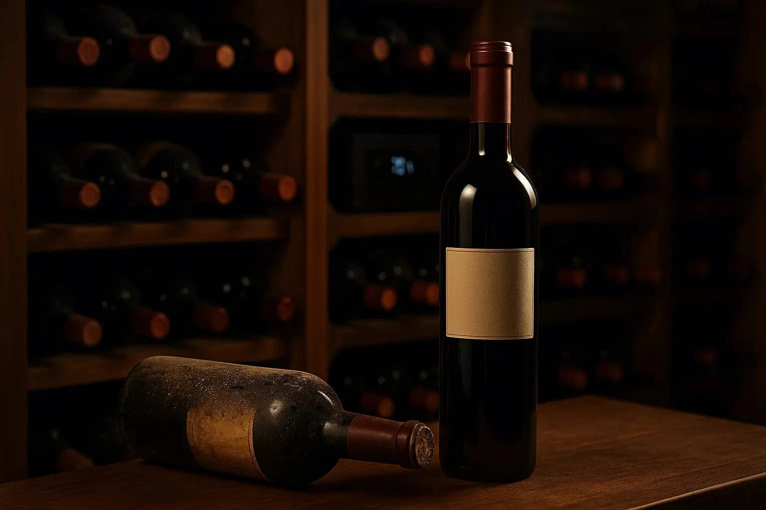 Wine cellar with aged and new wine bottles side by side, showing the transformation of wine over time in proper cellaring conditions